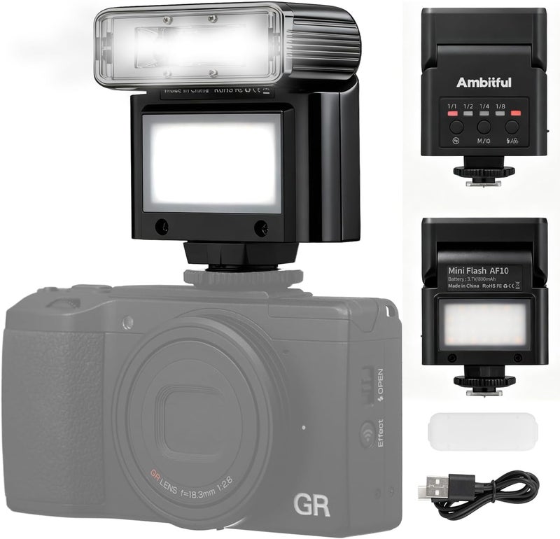 AMBITFUL AF10 Mini Camera Flash, Rechargeable Speedlight GN10 with Diffuser, 7500K 90° Tilt Universal Single-Contact Hot Shoe Flash Compatible with Sony A7IV A7III, Canon, Nikon, Fuji, Panasonic - Image 1